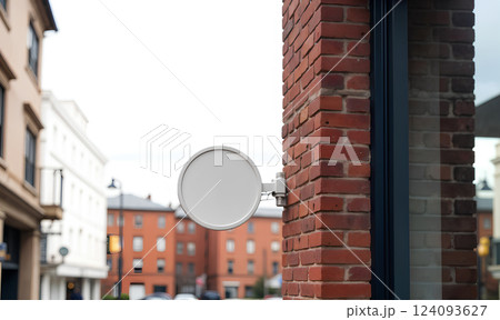 Blank white outdoor round sign mock up brick wall mounted. 124093627