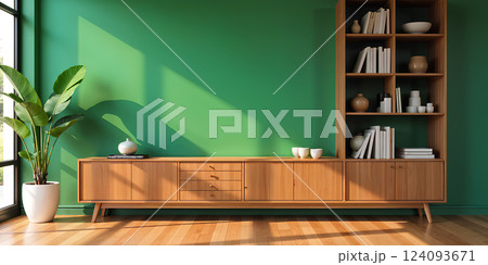 Wooden Cabinet and Green Wall in Modern Interior Design 124093671