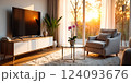 Wooden furniture and large TV in a bright modern living room with white walls 124093676