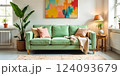 Plants and Baskets in a Green Velvet Sofa Living Room Design 124093679