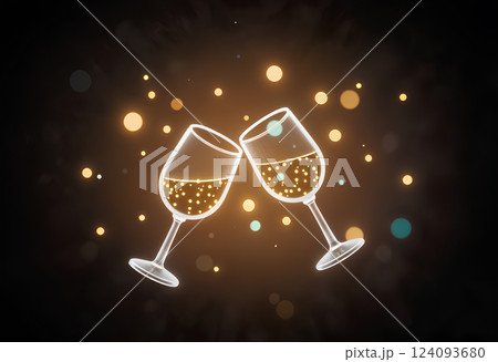 Decorative sign with champagne glasses neon on dark wall. 124093680