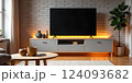 White walls and wooden TV stand in a modern living room: ideal for interior design, home decor, and real estate websites 124093682