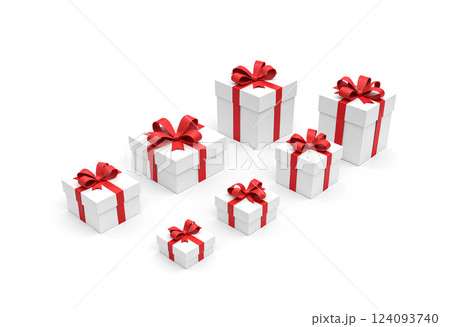Blank white gift box with red ribbon mockup, different types. 124093740