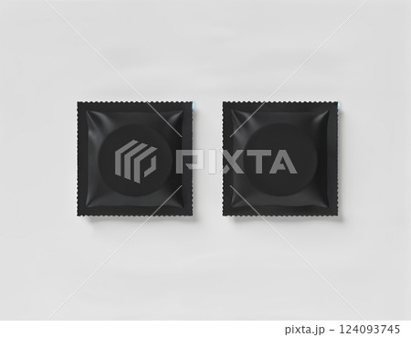 Blank small plastic packet design mockup, 3d illustration, clipping path. Clear retort sachet mock up template. Clean black pouch bag for condom, wet napkin, sugar, shampoo or medicine powder. 124093745
