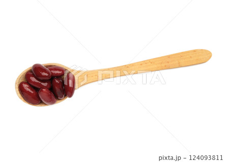Red beans on wooden spoon isolated on white background. Healthy food concept Red beans on wooden spoon isolated on white background. Healthy food concept 124093811