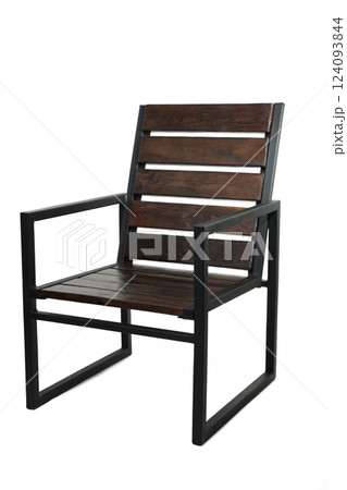 Metal chairs for spring garden isolated on white. Metal garden furniture for picnics and birdwatching. 124093844