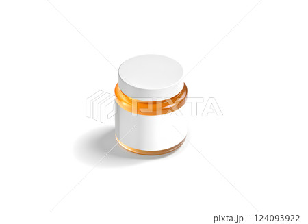Blank small glass jar with label and honey mockup stand. 124093922