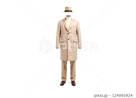Blank colored casual coat, beanie, pants, shoes mockup outfit, isolated. 124093924