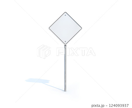 Blank white rhombus shape street sign mockup, 3d rendering. Clear rhomb signage design mock up, isolated. Empty outdoor board on metal pole stand. 124093937