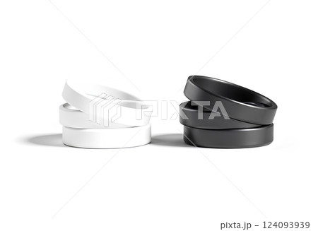 Blank black and white silicone wristband mock up lying, isolated. 124093939