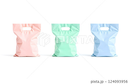 Blank colored full die-cut small plastic bag, handle hole mockup. 124093956