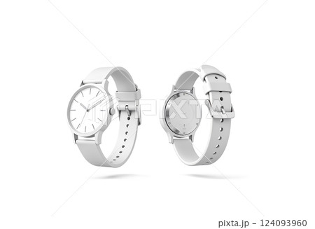 Blank white watch with wristlet mockup, isolated, depth of field, 3d rendering. Empty accessory clock mock up. Clear dial with arrow template. Style jewelry with leather strap. Blank white watch with wristlet mockup, isolated, depth of field, 3d rendering. Empty accessory clock mock up. Clear dial with arrow template. Style jewelry with leather strap. 124093960