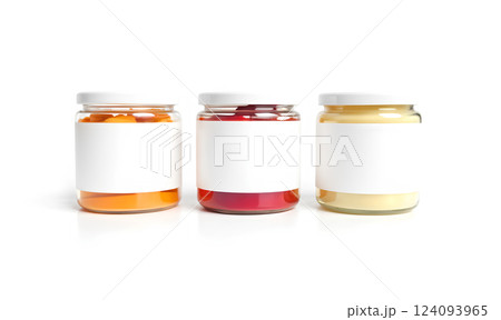 Blank glass jar with honey, jam and peanut butter mockup. Blank glass jar with honey, jam and peanut butter mockup. 124093965