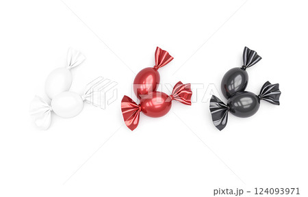 Blank black, white and red hard candy foil wrapper mockup. Blank black, white and red hard candy foil wrapper mockup. 124093971