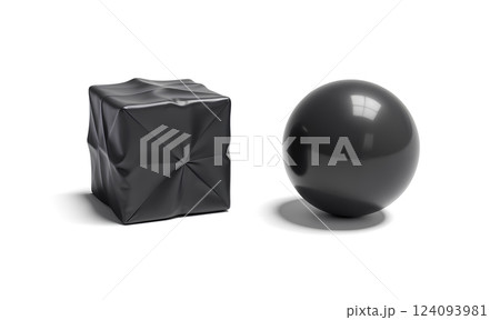 Blank black ball and leather cube mockup set. 124093981