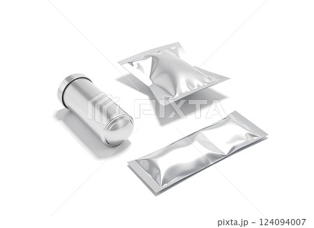 Blank silver zipper pouch mockup lying, different views. 124094007