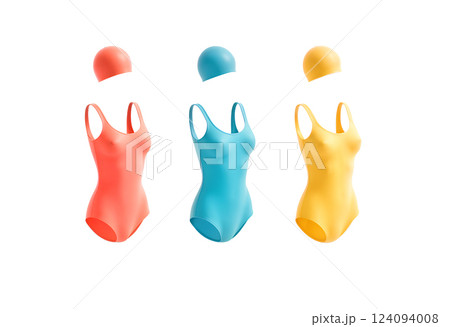 Blank colored one-piece swimsuit with swim cap mockup, side view 124094008