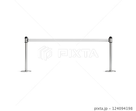 Mobile fence barrier stand isolated on white. Fencing barricade on metal chrome pole posts. Portable protective rack with ribbon stretch tape. Protection fence from crowd. Post fencing barrier belt. 124094198