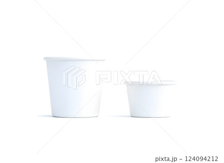 Blank white big and small food bucket mockup set, isolated 3d rendering. Empty pail fast food front side view. Paper chicken bucketful design mock up. Clear popcorn box. 124094212