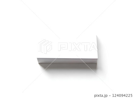 Blank white business cards flat stack mock up. Name card design mockup. Visiting clear papers top view. Calling paper sheet template for company name, phone number, email address. 124094225