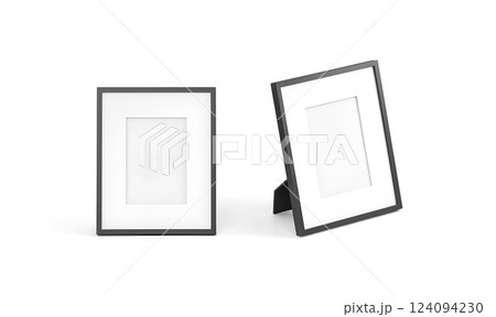 Empty vertical table photo frame front and side view mock up, isolated, 3d rendering. Blank past photography mockup. Clear family decor stand for portrait template. 124094230
