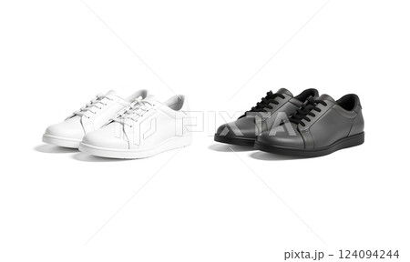 Blank black and white leather sneakers with lace mockup, isolated. 124094244