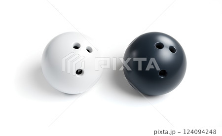 Blank black and white bowling ball mock up, top view, 3d rendering. Empty bowl game sphere mockup, isolated. Clear leisure sport equipment template. Plain shiny orb with 3 holes, recreation activity. 124094248