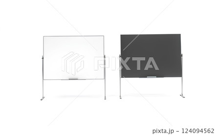 Blank white and black office marker board set mockup, isolated, 3d rendering. Empty schoolboard mock up. Clear chalk bred template. 124094562