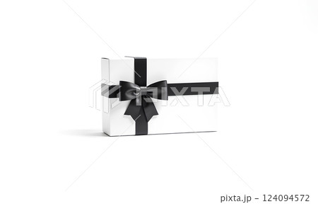 Blank white gift box with black ribbon bow mockup, isolated. 124094572