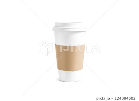 Blank white paper cup with sleeve holder mockup, 3d rendering. Empty disposable coffee mug with craft cupholder mock up. Clear drink container with clutches isolated. Tea take away pack, logo branding Blank white paper cup with sleeve holder mockup, 3d rendering. Empty disposable coffee mug with craft cupholder mock up. Clear drink container with clutches isolated. Tea take away pack, logo branding 124094602