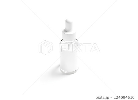 Blank transparent glass dropper bottle with label mockup, side view. 124094610