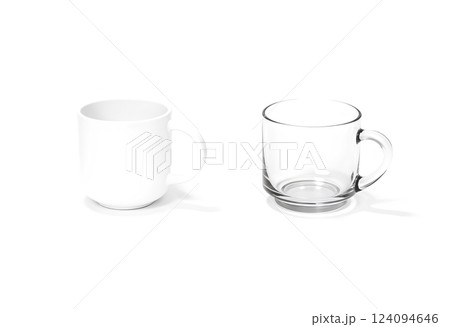 Blank ceramic and glass 8 oz mug mockup stand, side view. Blank ceramic and glass 8 oz mug mockup stand, side view. 124094646