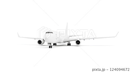 Blank white Boeing mockup stand, half front view, isolated, 3d rendering. Empty craft jet mock up. Clear airplane with chassis and crew cabin template. 124094672