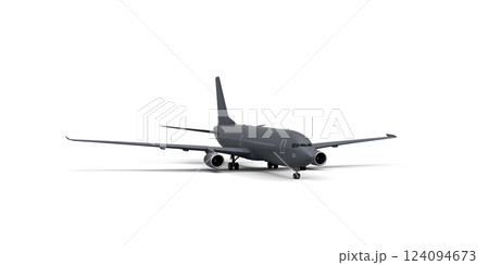 Blank black airplane mockup stand, front view depth of field, 3d rendering. Dark plain stealth air bus mock up template. Empty air force jetliner model. Clean aeroplane for business. 124094673