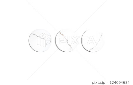 Blank white round adhesive sticker mockup set, isolated 124094684