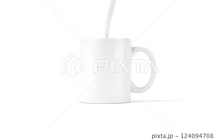 Pouring water in blank white tea mug mock up isolated, 3d rendering. Clear coffee cup mockup for sublimation printing with boiling. Empty gift coffee mug branding template, filling. 124094708