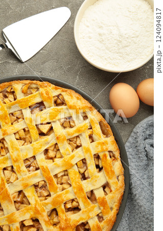 Cooking baking concept. Making American apple pie on table with ingredients 124094817