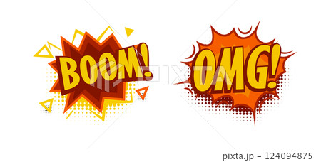 Comic style speech bubbles with boom, omg text, expressing excitement and surprise. Pop art typography with explosion effects, halftone shading for comic, poster, banner, sticker. Vector illustration Comic style speech bubbles with boom, omg text, expressing excitement and surprise. Pop art typography with explosion effects, halftone shading for comic, poster, banner, sticker. Vector illustration 124094875