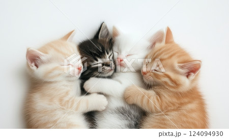 Four adorable kittens cuddling together on a white background. The kittens are of different colors - cream, black and white, pure white, and ginger.  124094930