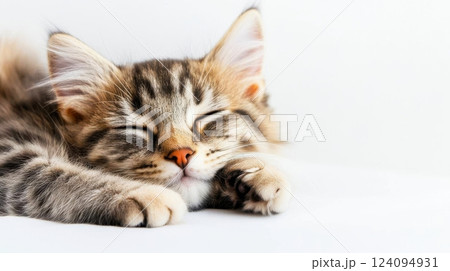 A close-up photograph of a sleeping tabby kitten on a white background. The kitten's face is in sharp focus, showing its closed eyes, pink nose, and relaxed expression. Its fur is a mix of brown. 124094931