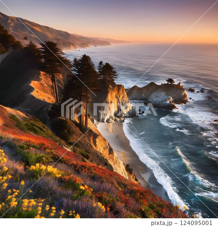 Golden Horizons: Sunset Over the Cliffs of Big Sur 124095001