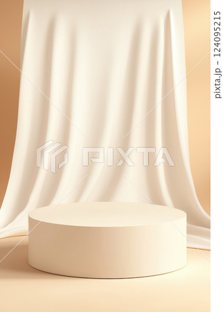 minimalist setup featuring round podium with smooth surface, draped in soft fabric, creating elegant backdrop for virtual events 124095215