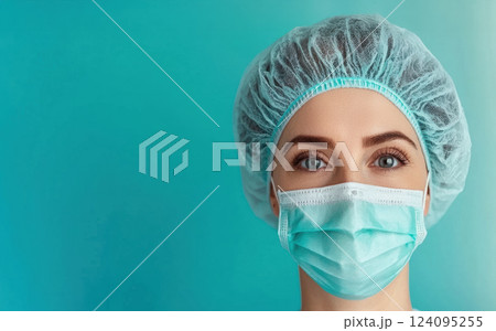 healthcare professional wearing surgical mask and cap, conveying sense of professionalism and care clinical setting. This represents importance of 124095255