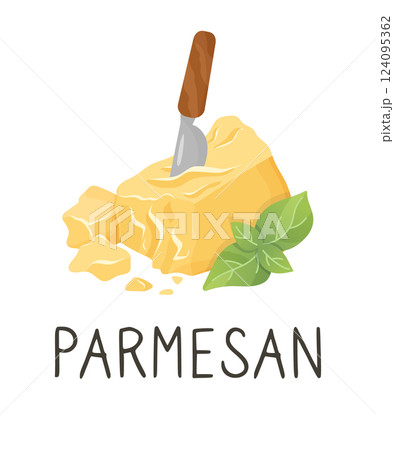 Parmesan cheese with basil and knife. Organic farm food. Design element, cartoon flat illustration for logo, poster, menu. Isolated on white background. Vector illustration 124095362