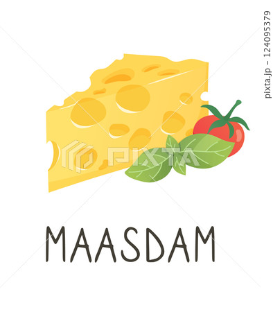 Maasdam cheese with basil and tomato. Organic farm food. Design element, cartoon flat illustration for logo, poster, menu. Isolated on white background. Vector illustration Maasdam cheese with basil and tomato. Organic farm food. Design element, cartoon flat illustration for logo, poster, menu. Isolated on white background. Vector illustration 124095379