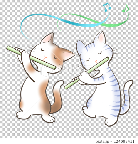 ネコがフルートでデュエットしているイラスト 124095411