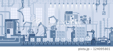 Industrial zone. Assembly line with robotic arms flat illustration. Automated production process, high tech machinery. Factory manufacturing industrial line Industrial zone. Assembly line with robotic arms flat illustration. Automated production process, high tech machinery. Factory manufacturing industrial line 124095801