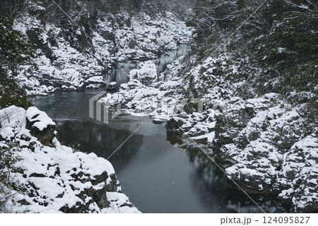奇岩入り組む雪景色の大歩危峡を下る観光遊覧船 124095827