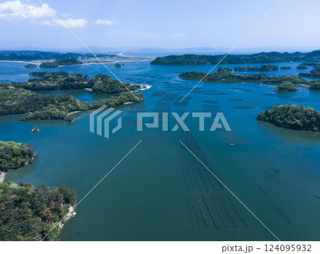 青い海に広がる牡蠣の養殖施設 124095932