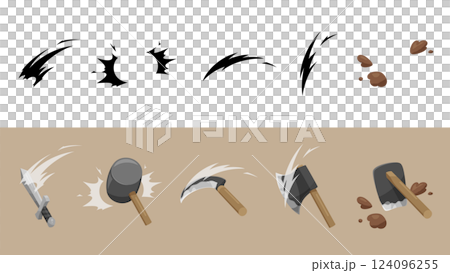 開拓に使う道具と使用時のエフェクトのイラスト素材 124096255